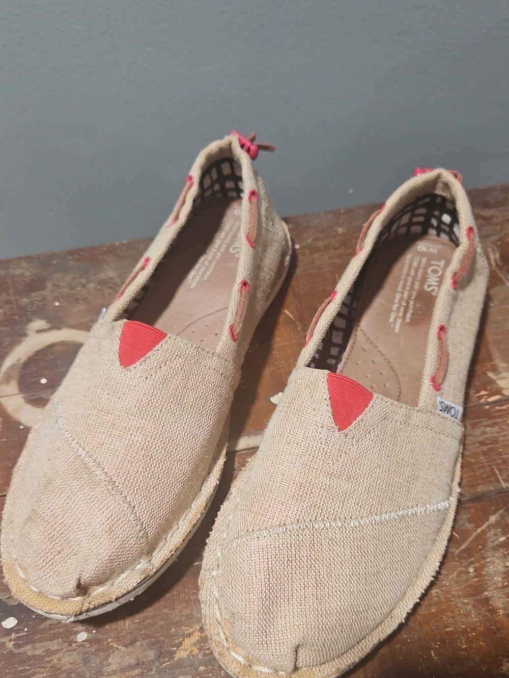 TOMS Natural Canvas Slip-On Shoes with Coral Accents